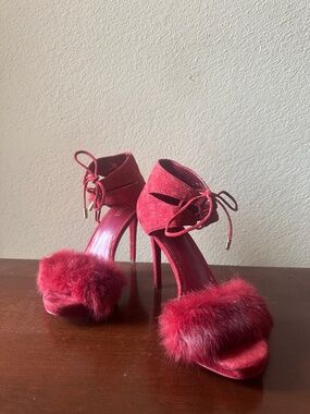 MK Scarlet Red Rabbit & Suede High Heels